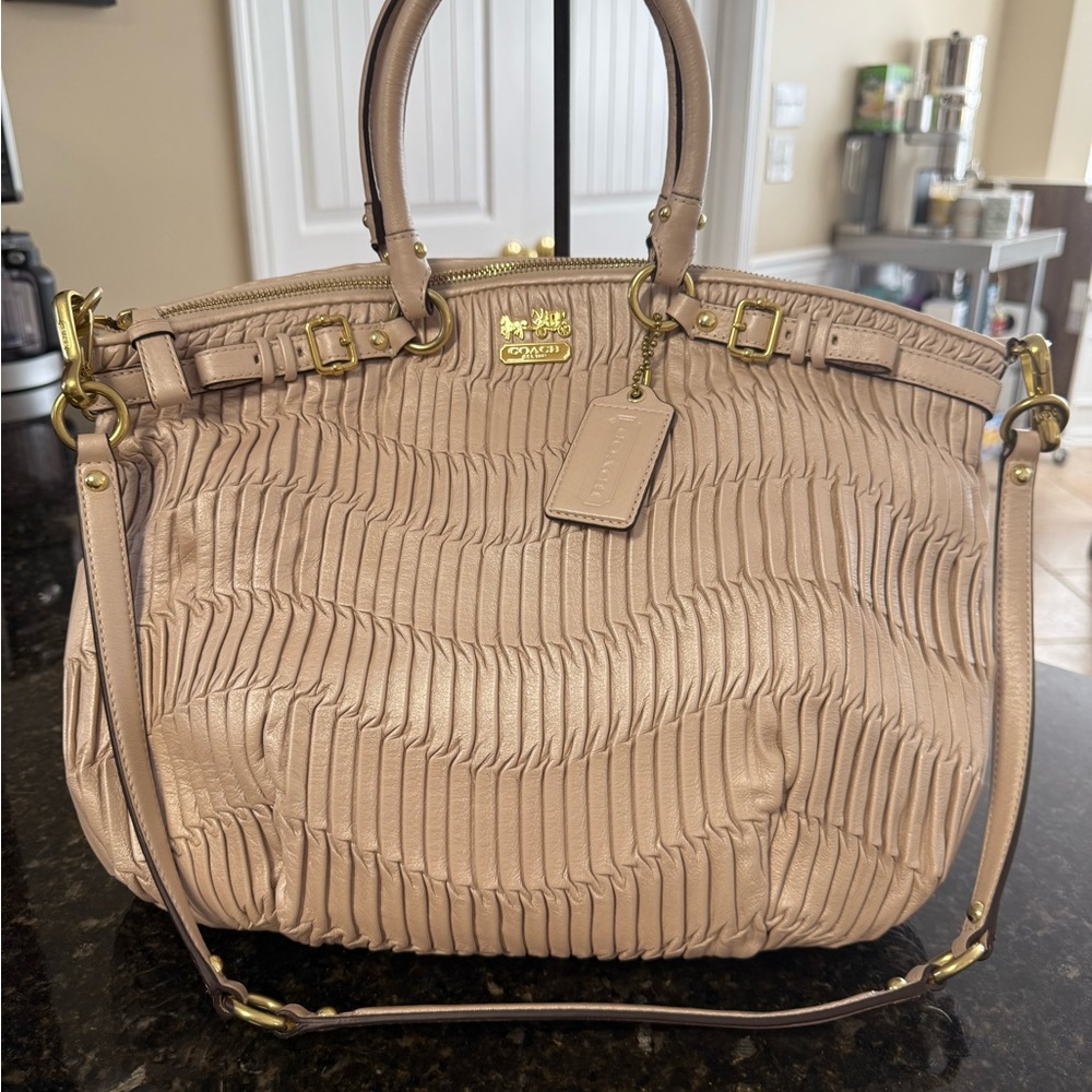 Coach Pleated Beige Shoulder Bag